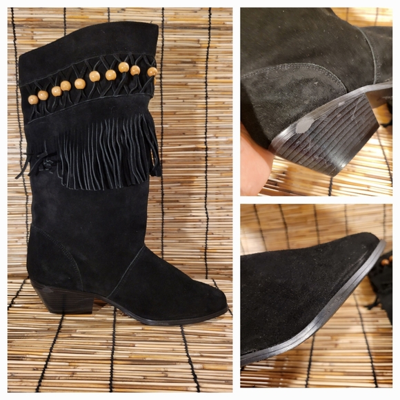 A. J. VALENCI Black Suede Fringe Beads Boots Almond Toe Stacked Heel - Picture 5 of 5